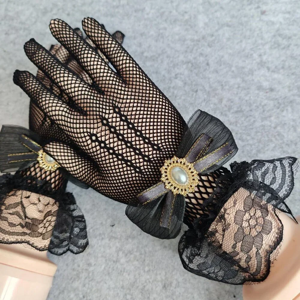 Women's Hand Sleeve Black Bow Lace Gloves Wedding Halloween Costume Party Prom